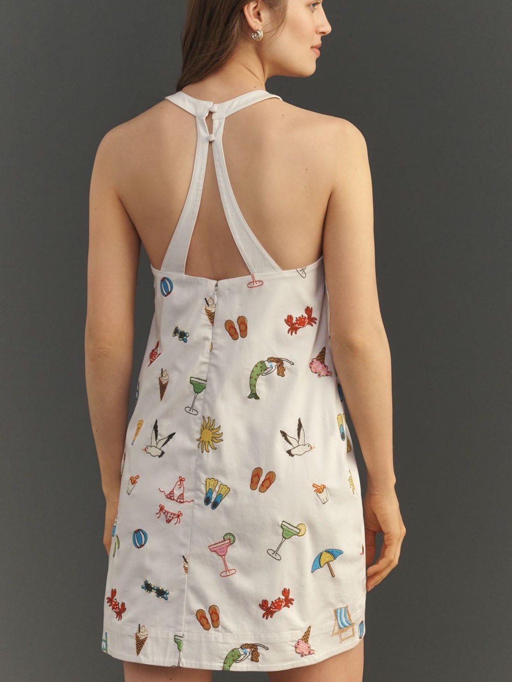 Maeve White Backless Halter Mini Dress with Colorful Beach Motifs